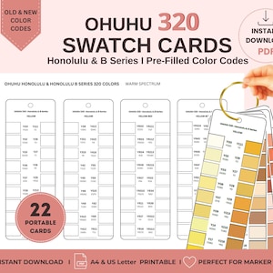 Op de afbeelding: Ohuhu 320 kleurstaalkaarten voor Honolulu en B-serie markers. De set bevat 22 draagbare kaarten met ingevulde kleurcodes, gerangschikt op spectrum. De kaarten zijn wit met zwarte tekst en rastervakken voor kleurmonsters, bijeengehouden door een gouden ring.