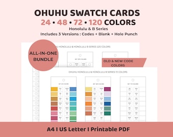 Ohuhu Swatch Cards Printable 24 48 72 120 Colors, Marker Swatch Cards Bundle, Hole Punch Ring Cards, Honolulu B Series, A4 US Letter PDF