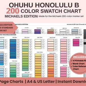 May include: Ohuhu Honolulu B 200 colour swatch chart Michaels edition for the 200-colour marker set. Includes 4 printable PDFs, blank chart, and colour reference chart. Features columns of colour swatches with labels for light blue, green, yellow, orange, pink, and grey.