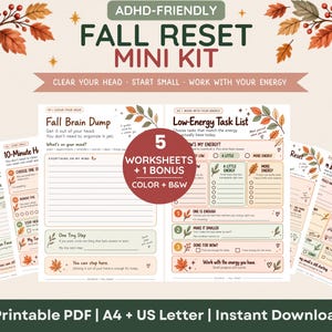 Op de afbeelding: Een printbare ADHD-vriendelijke herfst-reset minikit met vijf werkbladen en één bonuspagina. De documenten bevatten secties voor een herfst-brain dump, een takenlijst voor weinig energie en doelen, allemaal versierd met illustraties van herfstbladeren.