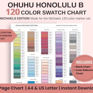 Può includere: Una tabella colori da 120 tonalità per i pennarelli Ohuhu Honolulu B, edizione Michaels. Il documento presenta blocchi di colore organizzati ed etichettati per categoria, tra cui verdi, legno e noce, rosso e bacca, lavanda e viola, grigi caldi.