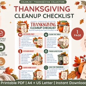 May include: A printable Thanksgiving Cleanup Checklist document featuring six categorized sections including Leftovers First, Clear the Table, Kitchen Reset, Trash and Recycling, Quick Home Reset, and Save for Tomorrow, decorated with autumn leaves and pumpkins.