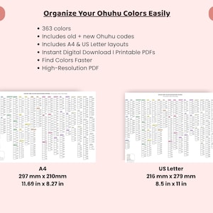 May include: A digital color organization chart for 363 Ohuhu markers, featuring A4 and US Letter layouts. The text includes: Organize Your Ohuhu Colors Easily, 363 colors, Includes old + new Ohuhu codes, Includes A4 & US Letter layouts, Instant Digital Download, Printable PDFs, Find Colors Faster, High-Resolution PDF. A4 measures 297 mm x 210 mm (11.69 in x 8.27 in) and US Letter measures 216 mm x 279 mm (8.5 in x 11 in).