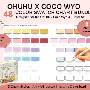 May include: Ohuhu x Coco Wyo 48 colour swatch chart bundle featuring three chart styles for the 48-colour set. Includes A4 and US letter sizes for instant download. The chart displays rows of coloured rectangles with text labels and a small box.