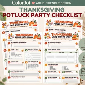 May include: A set of four Thanksgiving potluck party planning checklists with autumn leaf illustrations, pumpkin graphics, and numbered sections for organizing food, guests, and tasks. The pages feature headings like Thanksgiving Food & Serving Setup.