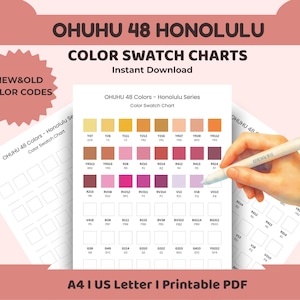 Op de afbeelding: Een kleurenpalet voor de Ohuhu 48 Honolulu-serie, met een reeks kleuren van geel tot paars. De kaart bevat kleurcodes en is gelabeld met "Color Swatch Charts" en "Instant Download". Een hand houdt een marker vast.