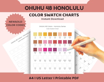 Ohuhu 48 Honolulu Series Swatch Chart, Printable Color Tracker with New and Old Codes, Marker Organizer, Digital Download A4 & US Letter PDF