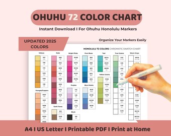 Ohuhu 72 Color Chart Printable, Honolulu Marker Swatch Sheet, Updated 2025 Colors, A4 US Letter PDF, Marker Color Organizer