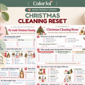 May include: A digital Christmas cleaning reset planner with two printable pages. The document features sections for prioritizing tasks, guest-ready finishing touches, and cleaning goals, decorated with festive illustrations of trees and wreaths.