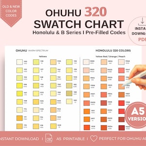 Op de afbeelding: Een Ohuhu 320 kleurenkaart voor Honolulu en B-serie markers met vooraf ingevulde kleurcodes. Het document toont een warm spectrum van gele, oranje en perzikkleurige kleurblokken in kolommen met bijbehorende alfanumerieke codes.