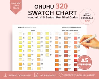 Ohuhu 320 Color Swatch Chart Printable, A4 & A5 Marker Tracker, Honolulu Marker Swatch Sheet, Pre-Filled Color Codes PDF