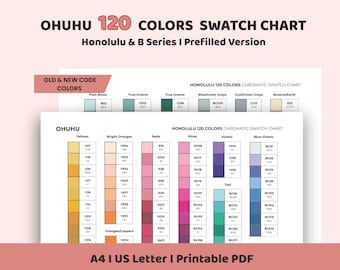 Ohuhu 120 Colors Swatch Chart Prefilled | Honolulu & B Series Marker Chart | Printable PDF A4 US Letter | Alcohol Marker Color Chart