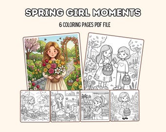 Easter Girl Coloring Pages – Cozy Spring Tea Time, Bunny Scenes (PDF Download)
