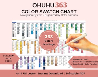 Ohuhu 363 Color Swatch Chart, Ohuhu Honolulu 363 Marker Chart, Printable PDF, Blank and Pre-Colored, A4 and US Letter