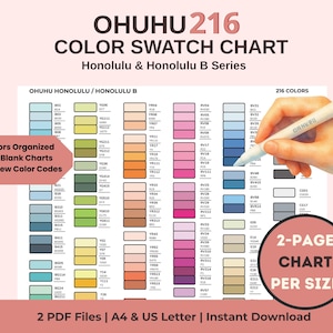 Może przedstawiać: Wzornik kolorów Ohuhu 216 dla markerów Honolulu i Honolulu B. Tabela zawiera kolumny prostokątnych pól kolorów z kodami oraz tekst 216 Colors Organized, Color + Blank Charts, Old & New Color Codes, 2-Page Chart Per Size, 2 PDF Files, A4 & US Letter, Instant Download.