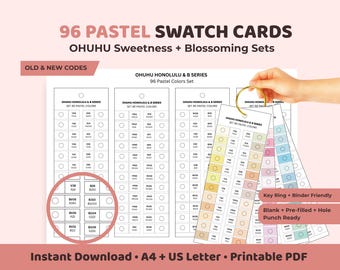 Ohuhu 96 Pastel Swatch Cards Printable, Sweetness Blossoming Sets, Old New Codes, Marker Color Chart, A4 US Letter PDF