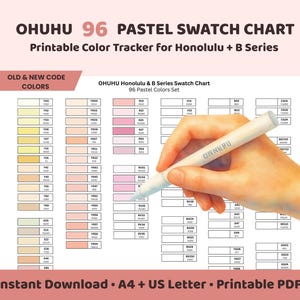 Op de afbeelding: Een afdrukbare pastelkleurenkaart voor de Honolulu + B-serie, met 96 kleuren. De kaart bevat kleurstalen en de tekst "OHUHU 96 PASTEL SWATCH CHART". Een hand houdt een witte marker vast en wijst naar de kleurstalen.