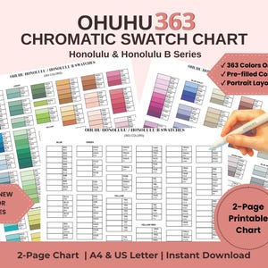May include: Ohuhu 363 Chromatic Swatch Chart for Honolulu and Honolulu B series markers. This 2-page printable chart features organized color blocks with pre-filled color codes in a portrait layout, available in A4 and US Letter sizes.