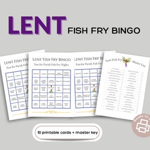Może przedstawiać: Zestaw kart do gry w LENT FISH FRY BINGO do wydrukowania i lista główna. Karty mają niebieski wzór kratki z różnymi tematycznymi kwadratami. Tekst "LENT FISH FRY BINGO" jest wyświetlany w kolorze fioletowym i czarnym.