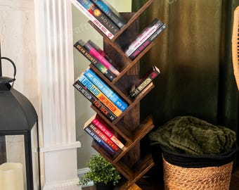 5/9-Tier Wooden Floor Standing Tree Bookshelf, Nursery Bookshelf, Office Bookcase, Vertical Bookshelf, Corner Bookcase, Book Lover Gift