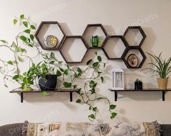 Wall Mounted Wooden Set of 6 Hexagon Floating Shelves, Hexagon Wall Shelves, Honeycomb Shelves, Indoor Plant Shelves, Wall Plant Shelf