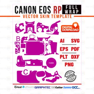 Könnte beinhalten: Eine magentafarbene Vektorskin-Vorlage für eine Canon EOS RP Kamera. Das Design umfasst verschiedene ausgeschnittene Formen mit den Bezeichnungen A, B und C, mit dem Canon-Logo. Das Bild zeigt auch Dateiformatoptionen und die Worte "Digitaler Download".