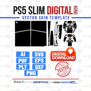 Puede incluir: Una plantilla de skin vectorial PS5 Slim Digital negra con el texto "PS5 SLIM DIGITAL 2023 VECTOR SKIN TEMPLATE". Incluye archivos vectoriales en formatos AI, SVG, PDF, EPS, PLT, DXF y PNG. Presenta un botón "Descarga Digital" y un sello "Probado Aprobado".