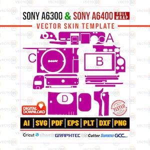 May include: A magenta vector skin template for Sony A6300 and A6400 cameras. The design includes cut-out shapes for a full wrap, with the text "SONY A6300 & SONY A6400" and "VECTOR SKIN TEMPLATE". Includes digital download file formats.