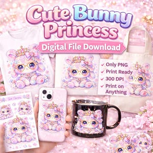 Pode incluir: Uma variedade de itens com um design de princesa coelhinha fofa. Os itens incluem uma camiseta branca, uma sacola, uma capa de telefone, uma caneca e adesivos. O coelho tem uma coroa, óculos e um laço. O texto diz "Cute Bunny Princess" e "Digital File Download."