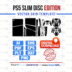 Puede incluir: Una plantilla de skin vectorial en blanco y negro para la PS5 Slim Disc Edition. El diseño incluye contornos para la consola, los mandos y otros componentes. La imagen también presenta opciones de descarga digital e iconos de formato de archivo.