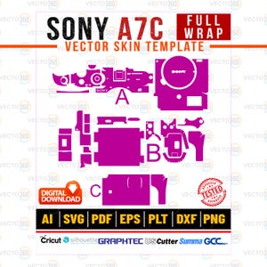 May include: A magenta vector skin template for a Sony A7C camera. The design includes various cut-out shapes labeled A, B, and C, with the text "FULL WRAP" and "VECTOR SKIN TEMPLATE". Includes file formats AI, SVG, PDF, EPS, PLT, DXF, and PNG.