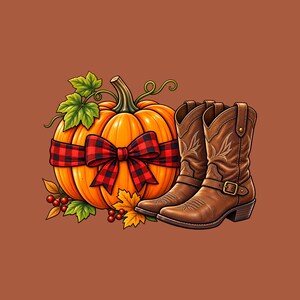 May include: A bright orange pumpkin decorated with a red and black buffalo plaid ribbon bow, green leaves, and small red berries, positioned next to a pair of brown leather cowboy boots featuring decorative stitching and a side buckle strap.