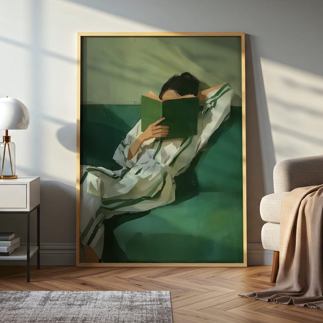 Emerald Green Reading Woman Portrait, Minimalist Abstract Wall Art ...