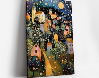 Impressão em tela "Noite de Lua" de Gustav Klimt, pôster de arte de museu, arte de parede emoldurada.