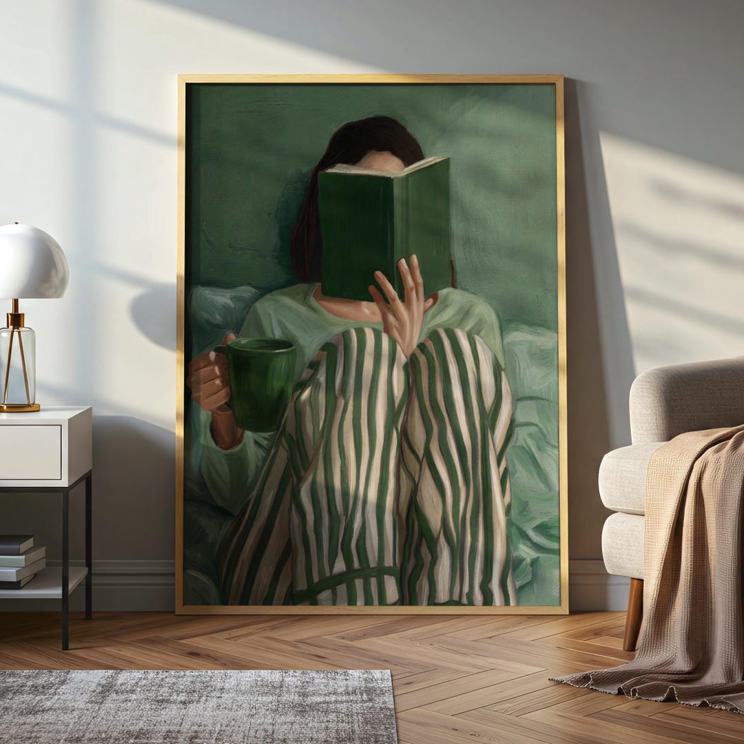 Emerald Green Reading Woman Art, Minimalist Abstract Portrait Poster - Etsy