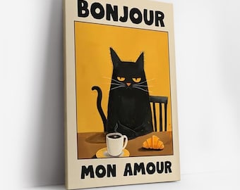 Black Cat Breakfast Art Print, Bonjour Mon Amour, French Cafe Decor