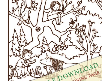 Printable Unicorn Coloring Page -- children feeding unicorn in apple orchard Marla Goodman Art digital download