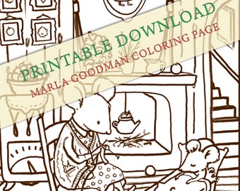 Printable Mouse Coloring Page -- Mama Mouse with Baby, knitting Marla Goodman Brownpaper Mouse Art digital download