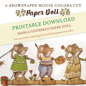 Descarga imprimible de muñeca de papel de ratón en color y corte: ratón "Mavis" con el lindo ratón de papel marrón de Marla Goodman