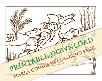 Printable Mouse Coloring Page -- Mice ice skating in a skate shoe Marla Goodman Brownpaper Mouse Art digital download