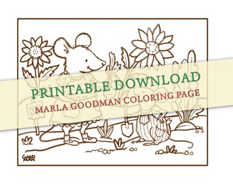 Printable Garden Mouse Colorin Page -- Gardening Mouse with cute Marla Goodman Brownpaper Mouse Art digital download instant clipart