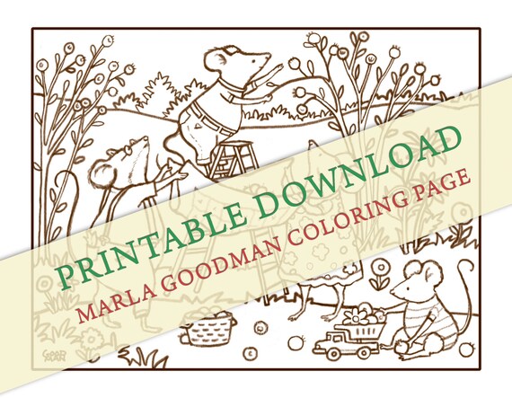 Printable Mouse Harvest Coloring Page -- cute mice picking fruit Marla Goodman Brownpaper Mouse Art digital download instant coloring party