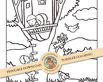 Printable download Children's coloring page - Friends with Treehouse Toddler coloring page easy coloring page by Marla Goodman