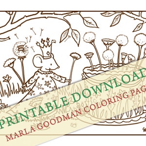 Printable Mouse Coloring Page -- Mouse Birthday Fairy with Dandelion cake Marla Goodman Brownpaper Mouse Art digital download