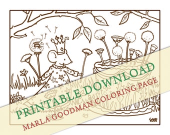 Printable Mouse Coloring Page -- Mouse Birthday Fairy with Dandelion cake Marla Goodman Brownpaper Mouse Art digital download