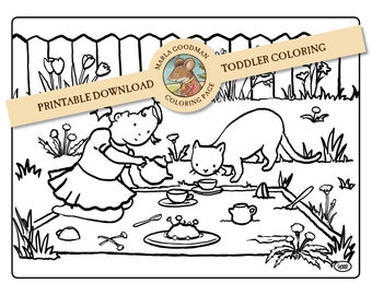 Printable download Children's coloring page - Girl and Kitty Cat Sandbox Mud Pie Tea Party Toddler coloring page easy coloring page