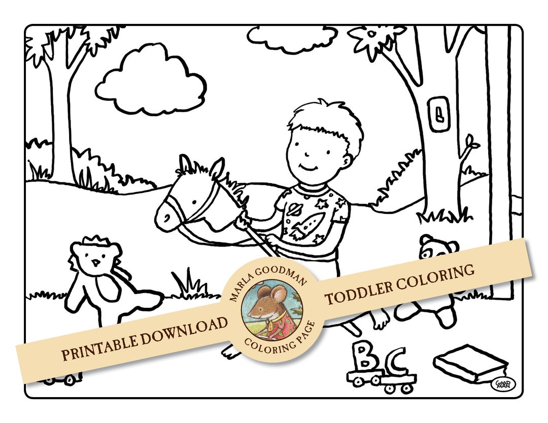 Printable Download Children's Coloring Page - Riding a Stic Khorse ...