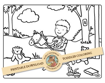Printable download Children's coloring page - Riding a stic khorse Toddler coloring page easy coloring page by Marla Goodman