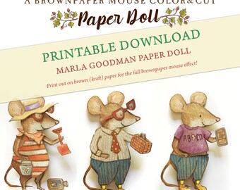 Printable Color and Cut Mouse Paper Doll digital download instant clipart -- ABCD Mouse with cute Marla Goodman Brownpaper Mouse Art