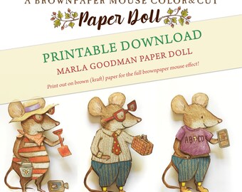 Druckbare Farbe und Schnitt Maus Papier Puppe digitaler download sofortiger Clipart -- ABCD Maus mit niedlicher Marla Goodman Brownpaper Maus Art